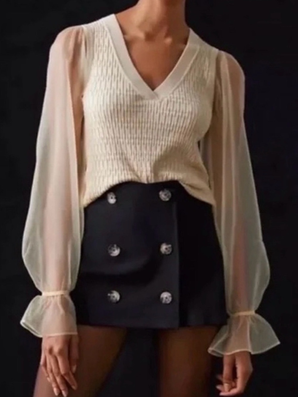 BNWOT Anthropologie Maeve Sheer Sleeve V-Neck Knit Top in Yellow Cream